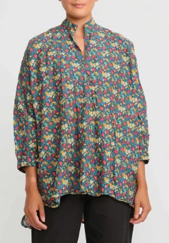 Daniela Gregis Washed Cotton Kora Top In Blue, Orange & Red Flowers