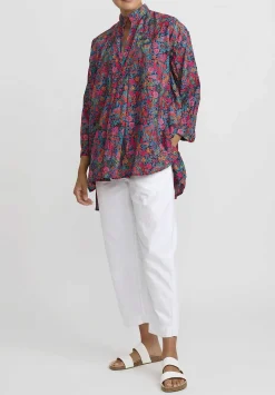 Daniela Gregis Washed Cotton Kora Top In Fuchsia Red Flowers