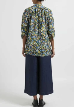 Daniela Gregis Washed Cotton Kora Top In Fiori Verde Green & Blue