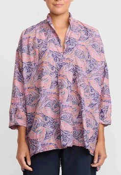 Daniela Gregis Washed Cotton Kora Top In Cachemire Blue, Orange & Violet Paisley