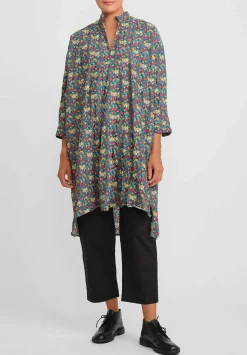 Daniela Gregis Washed Cotton Kora Tunic In Blue, Orange & Red Flowers