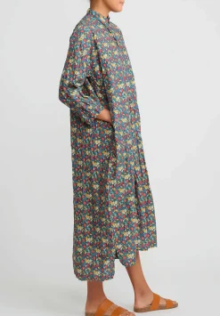 Daniela Gregis Washed Cotton Long Kora Shirtdress In Blue, Orange & Red Flowers