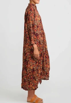 Daniela Gregis Washed Cotton Long Kora Shirt Dress In Brown & Pink Flowers