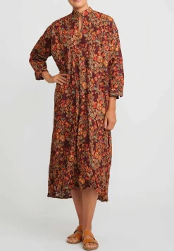 Daniela Gregis Washed Cotton Long Kora Shirt Dress In Brown & Pink Flowers