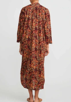 Daniela Gregis Washed Cotton Long Kora Shirt Dress In Brown & Pink Flowers