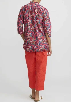 Daniela Gregis Washed Cotton Pepe Kora Shirt In Turquoise Blue & Pink Flowers
