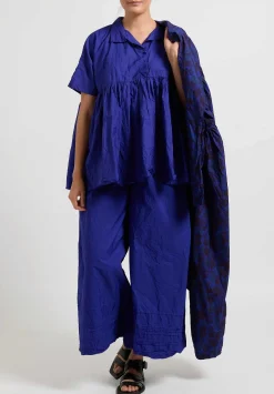 Daniela Gregis Washed Cotton Tognon Wide Leg Pants With Pleated Hem In Blu Inchiostro