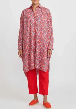Daniela Gregis Washed Cotton Uomo Larghissima Rosella Lavata Shirt Dress In Red, Multi Floral
