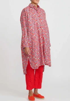 Daniela Gregis Washed Cotton Uomo Larghissima Rosella Lavata Shirt Dress In Red, Multi Floral