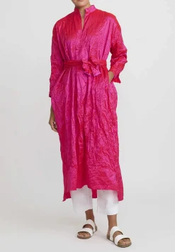 Daniela Gregis Washed Silk Long Kora Shirt Dress In Fucsia Pink