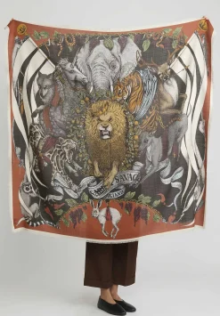 Sabina Savage Wool And Silk Fauna Exotica Scarf In Brick Red & Charcoal Grey
