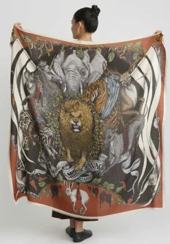 Sabina Savage Wool And Silk Fauna Exotica Scarf In Brick Red & Charcoal Grey