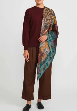 Sabina Savage Wool And Silk Leopard'S Bazaar Scarf In Teal Green & Turmeric Yellow