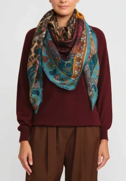 Sabina Savage Wool And Silk Leopard'S Bazaar Scarf In Teal Green & Turmeric Yellow