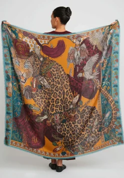 Sabina Savage Wool And Silk Leopard'S Bazaar Scarf In Teal Green & Turmeric Yellow