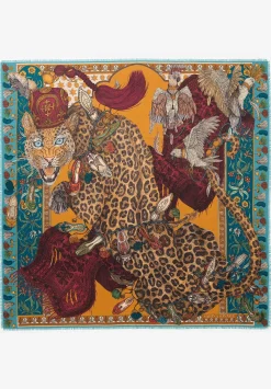 Sabina Savage Wool And Silk Leopard'S Bazaar Scarf In Teal Green & Turmeric Yellow