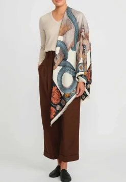 Sabina Savage Wool And Silk The Cougar And Serpent Scarf In Parchment White & Ink Blue