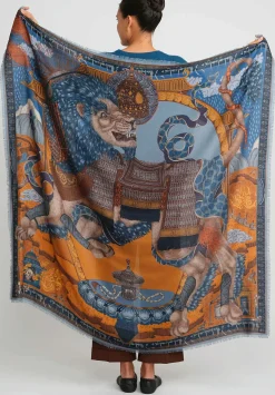 Sabina Savage Wool And Silk The Snow Lion Scarf In Ice Blue & Fire Orange