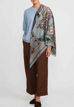 Sabina Savage Wool And Silk The Tiger Trap Scarf In Sea Mist Blue & Bone White