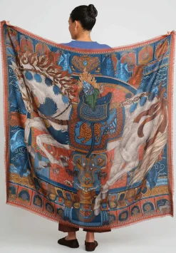 Sabina Savage Wool And Silk The Wind Horse Scarf In Madder Red & Sky Blue