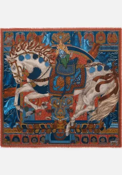 Sabina Savage Wool And Silk The Wind Horse Scarf In Madder Red & Sky Blue