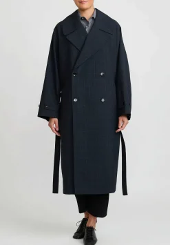 Lemaire Wool Double Breasted Overcoat In Black & Grey Plaid