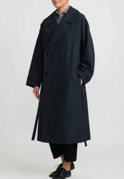 Lemaire Wool Double Breasted Overcoat In Black & Grey Plaid