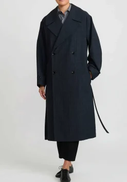 Lemaire Wool Double Breasted Overcoat In Black & Grey Plaid